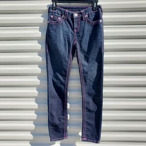 True Religion skinny big T pink stitch dark wash jeans
